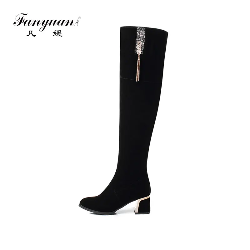 

Fanyuan Bling High heel Over-the-Knee boots metal Chain zipper Riding boots women shoes elegant back Pointed Toe Fashion boots