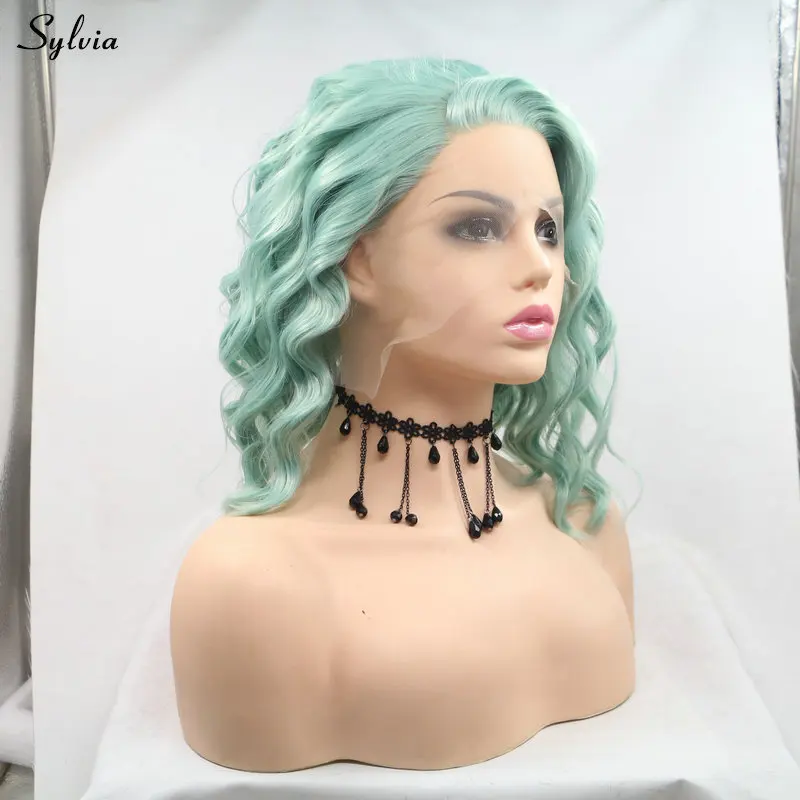 Sylvia 14 "надувной кудрявый короткий парик-Боб мятно-зеленый термостойкий синтетический парик с кружевом спереди новая прическа боковая