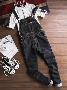 

2019 Japanese retro casual denim jumpsuit male slim trousers tooling denim overalls susperdens pants plus size men clothing