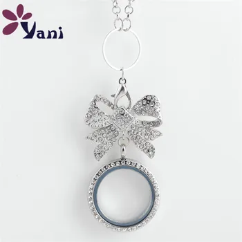 

10pcs/lot Newest 30MM Crystal Floating Locket Pendant Necklace with Rhinestone Bowknot Pendant Necklace for Women