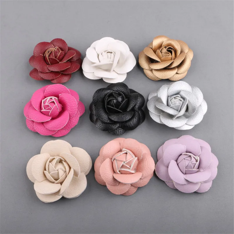 

New Arrival 20PCS 6.5CM PU Leather handmade 3D Camellia Flower Patch Craft for Girl lady Hair Jewelry Headband Clip Decoration