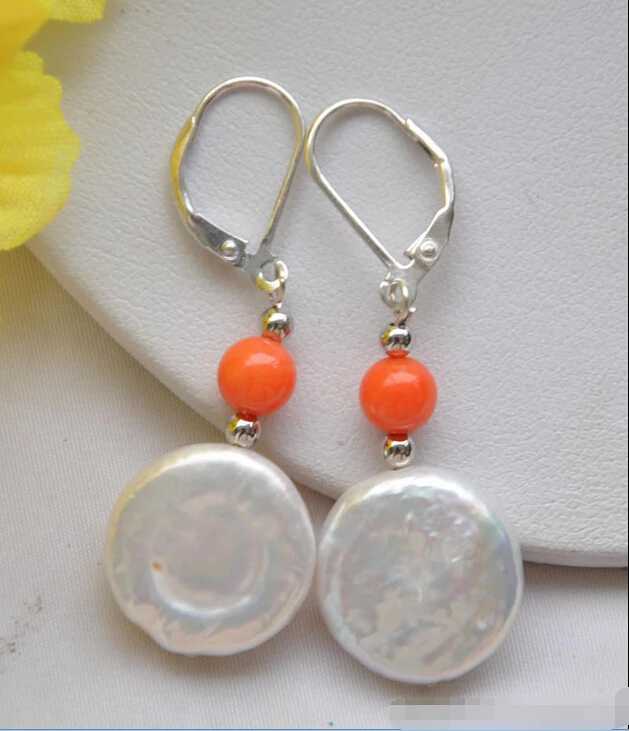 

00 FREE SHIPPING d**z6102 925silver 14MM WHITE COIN FRESHWATER PEARL PINK CORAL DANGLE EARRING