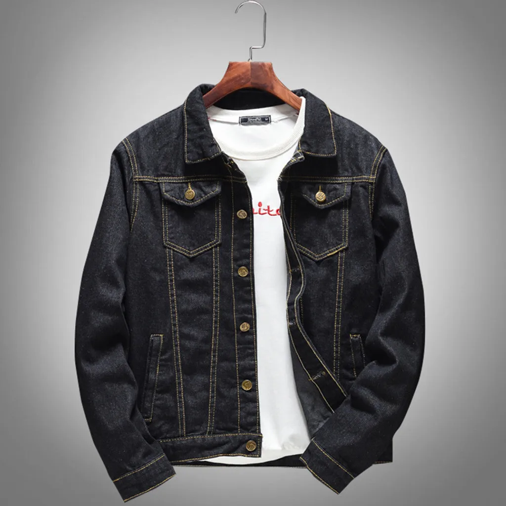 

Autumn Winter Jacket For Men Long Sleeve Jeans Jackets MenTurn-down Collar Solid Denim Jean Jacket Men Denim Jackets 2019 New