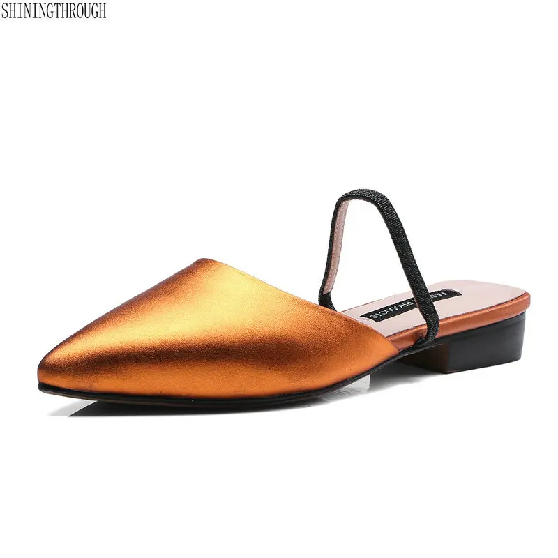 

Cow leather Women Sandals Pointed toe Slippers Women Shoes Woman Low Square heel Summer Slides Outside Slippers