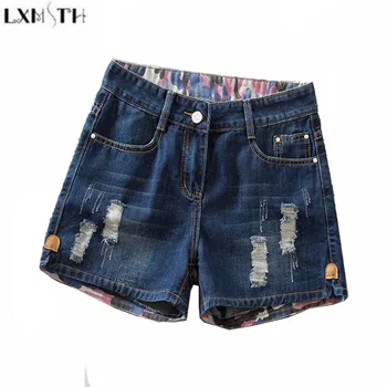 

LXMSTH 2019 Summer Denim Shorts Women Plus Size Hole Ripped Washed Straight Casual Shorts Ladies Waist short feminino XS-8XL