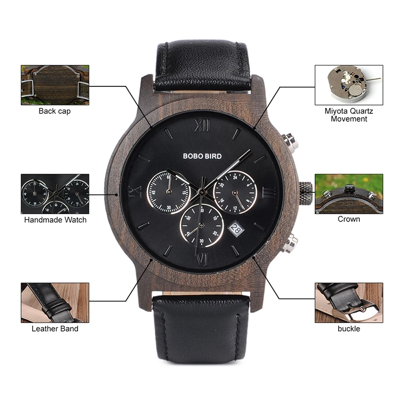 BOBO BIRD Mens Luxury Wood Watches Clock Functional Stop Chronograph saat with Date Display relogio masculino Timepieces C-P28 (10)