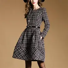 woman dress vestidos mujer 2016 boutique long sleeve woven grids slim fitness waist belt pleated winter dresses women 2016 free