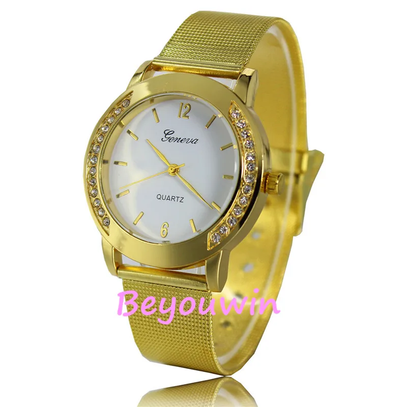 gold white 100 шт/лот модные часы GENEVA с кристаллами, сетчатые Часы повседневные кварцевые дешевая цена двойной боковой горный хрусталь часы для мужчин и женщин оптом - Цвет: gold white
