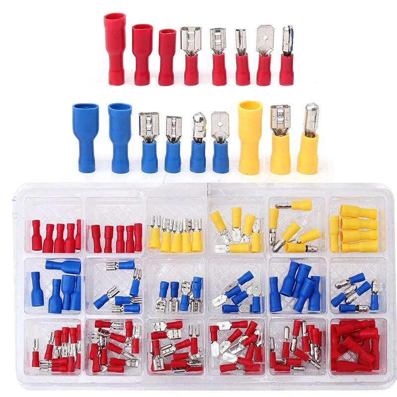 120pcs Insulated Crimp Butt Spade Ring Fork Terminal Wire Connector Kit Set 22-10AWG Terminals