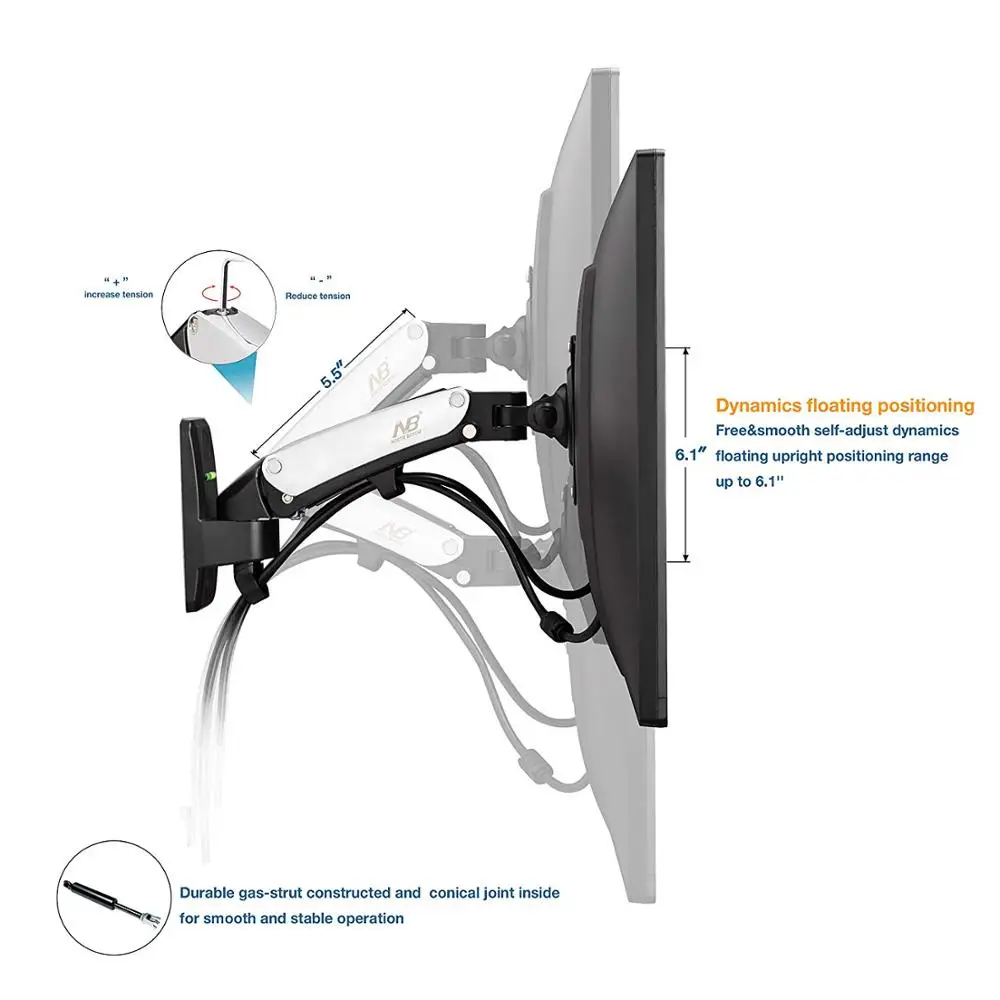 NB F120 ТВ монитор Настенный кронштейн 17-2" газовая пружина полный движения шарнирный Поворотный ЖК-монитор держатель алюминиевый кронштейн