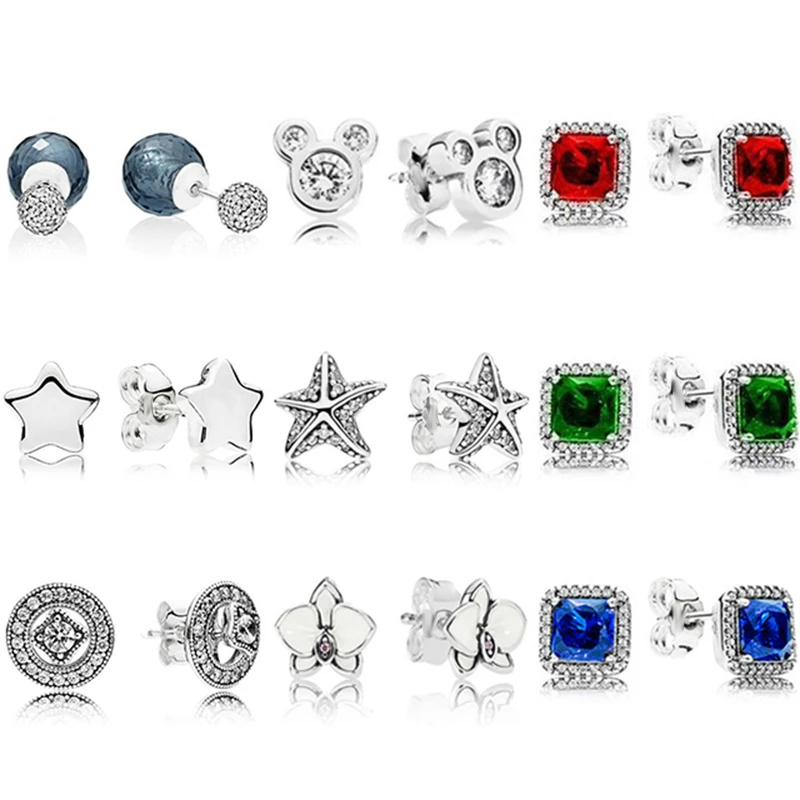 

100%925 Sterling Silver Jewelry Green Red Blue Zircon Eternal Elegant Ear Studs Starfish Daisy Elegant Ear Studs Pan