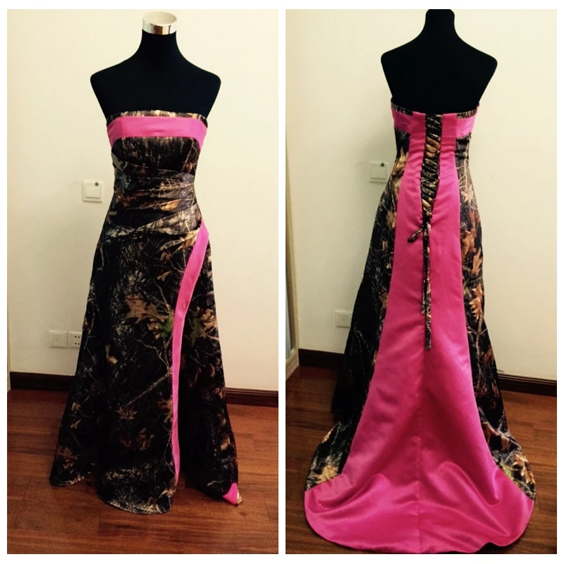 

Real Pictures A-Line Camo Wedding Dresses Pleated Ruched Bridal Gowns Fuchsia Satin Lace Up Back 2017 Vestidos De Novia