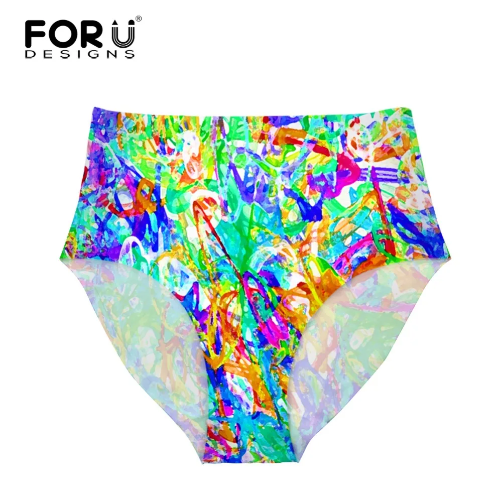 FORUDESIGNS Colorful Graffiti Ladies High Rise Underwear Crotonless Panties Elastic Seamless