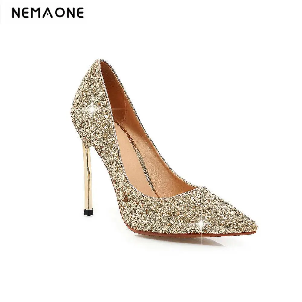 

BIG Size 34-43 thin High Heel Shoes For Women 2016 Party Dress Elegant glitter Pumps Brand New Pointed Toe Wedding Pumps
