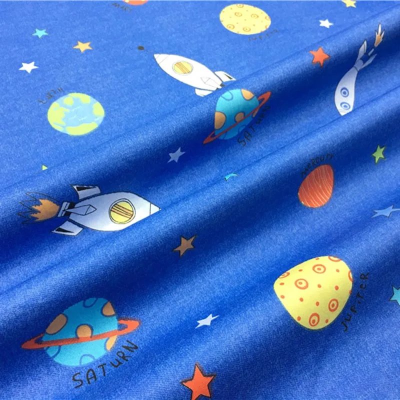 100% хлопок twill Ткань мультфильм Синий космический корабль ракеты звезды ткань для
