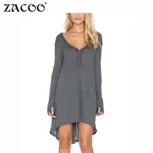 

ZACOO Women's Long Sleeve V Neck Irregular Button Dress Gray European and American casual style solid color knitted dress zk45