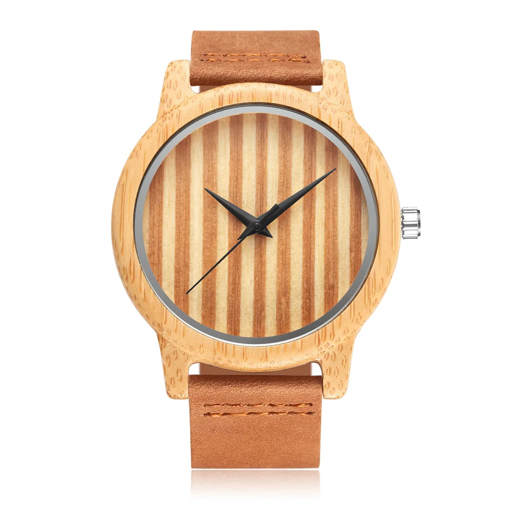 

2018 Fashion Natural Wood Bamboo Wooden Stripe Dial Quartz Waches Mens Cowhide Leather Strap Watch Relogio Feminino Masculino
