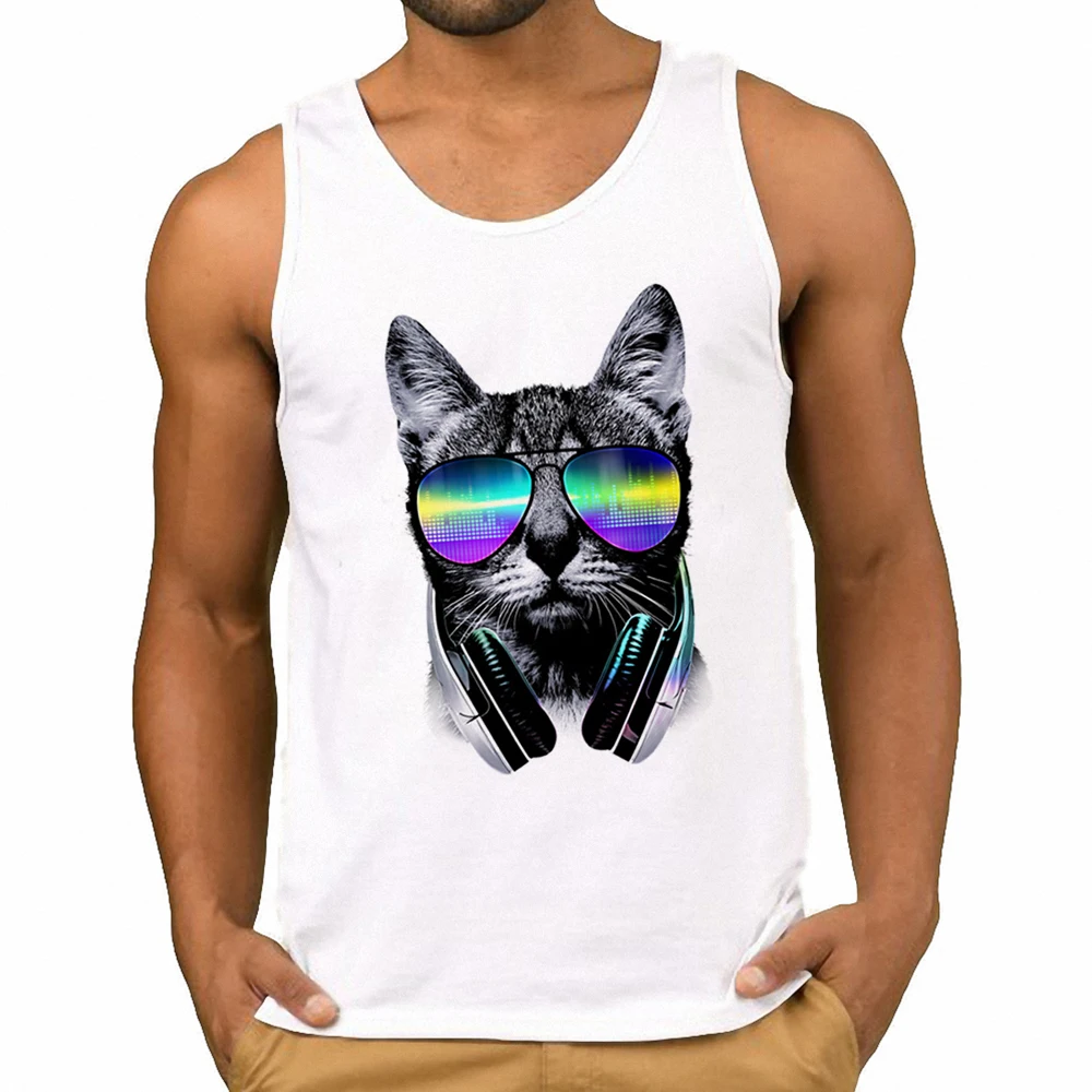 Top Brand Harajuku Men Tank Top White 3d Print Music Love Cat Pug Men