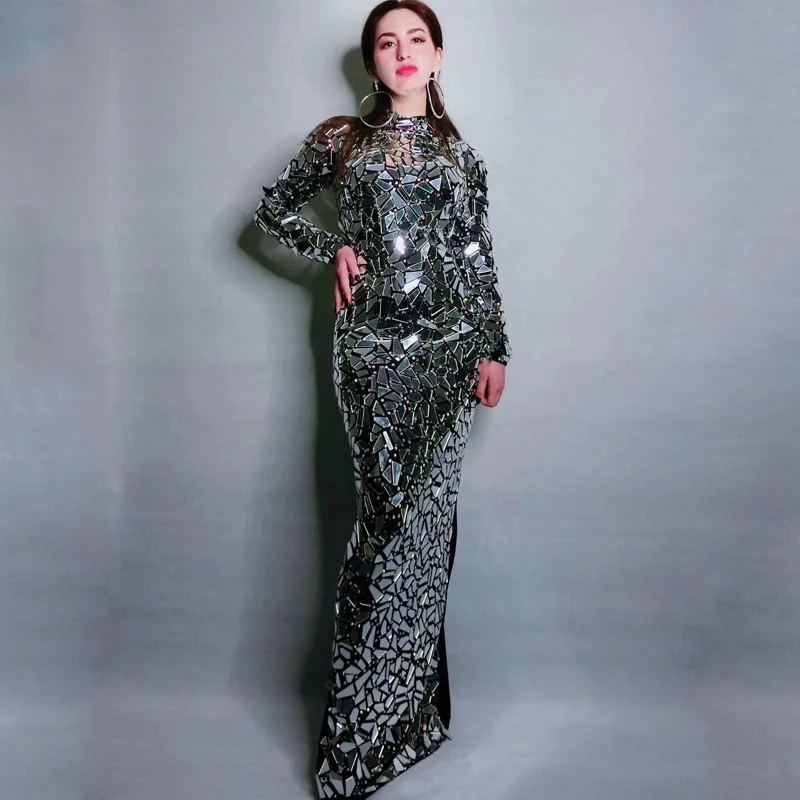 

New Women Evening Dresses Rhinestone Costume Bright Full Mirrors Long Dress Prom Celebrate Bling Dresses Show Dance Outfit DJ527