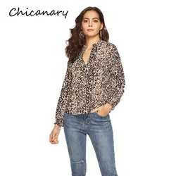 Кляузничество леопардовым принтом Для женщин с длинными рукавами блузки свободные животных шифоновые рубашки топы