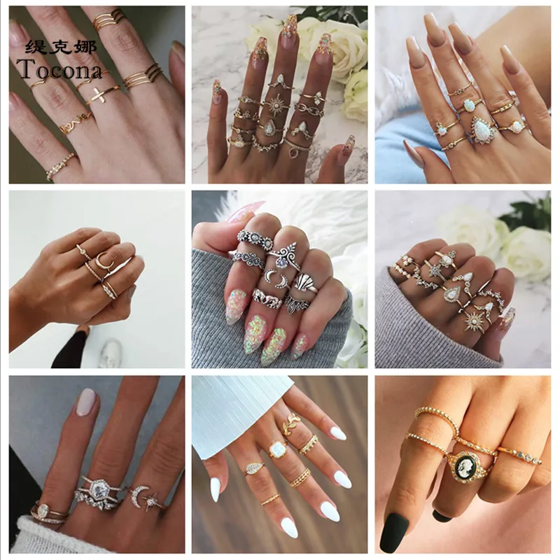 

Tocona 20 Style Women Men Bohemia Fashion God Color Rings Sets Leaf Cross Moon Crown Star Hollow Geometric Clear Crystal Jewelry