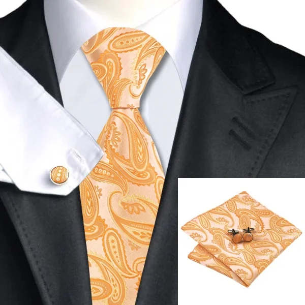 SN 1067 Tie Hanky Cufflinks Sets Yellow & White Paisley Men's 100