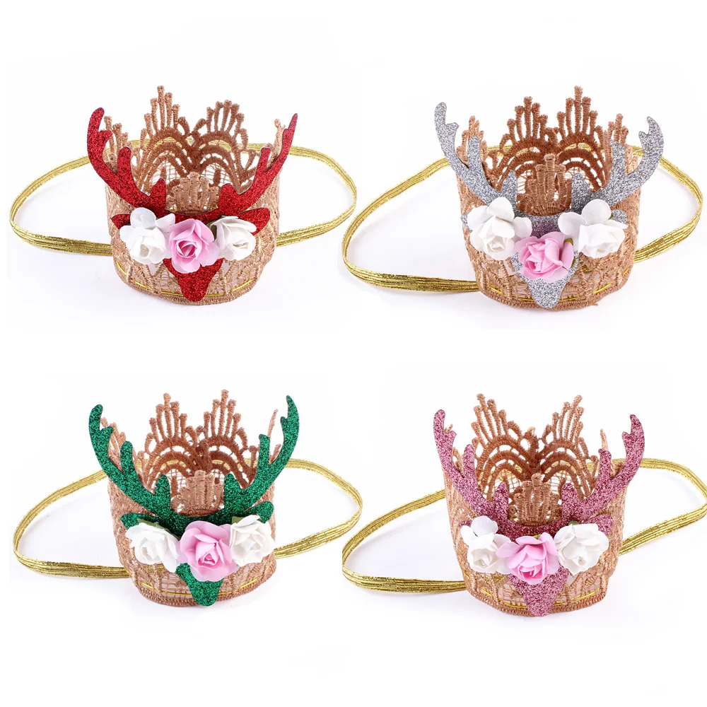

1PC New Rose Flowers Handmade Cute Newborn Mini Felt Glitter Gold Lace Crown Headbands little Girls DIY Hair Accessories