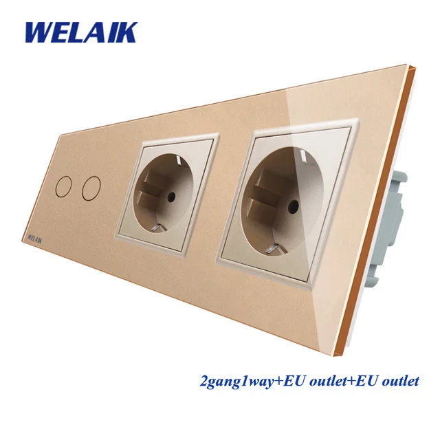 Welaik бренд 3 Рамки Кристалл Стекло Панель настенный выключатель ЕС сенсорный выключатель розетки 2gang1way AC110~ 250 В a39218e8ecw /b - Цвет: Gold