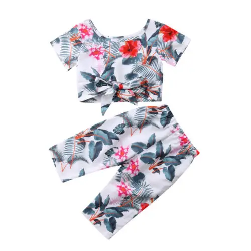 

Summer Fashion Cool Toddlers Children 2Pcs Kid Baby Girls Boho Flowers Crop Bowknot Top T-shirt Pants Loose Outfits Clothes Sets