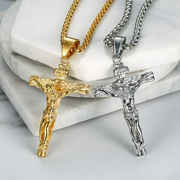 

Religious Jesus Christ Cross Pendant Necklace for Women/Men Gold Color Stainless Steel Crucifix Necklaces Men Christian Jewelry