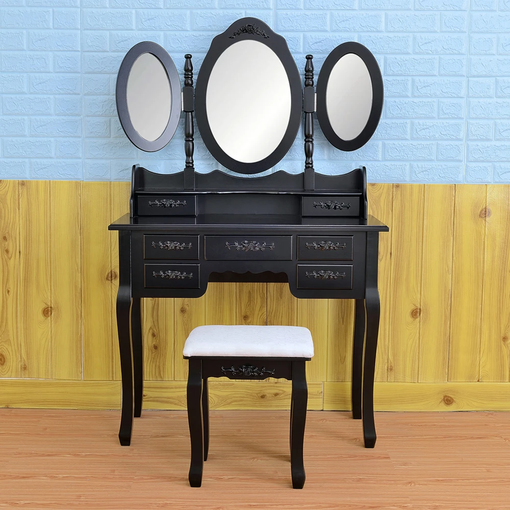 

Foldable 3 Mirrors with 7 Drawers Dressing Table Antique Desk with Stool