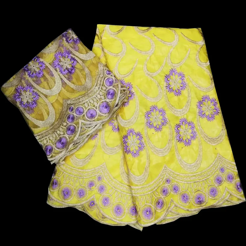

Free shipping (5+2 yards/set) high quality African party lace fabric yellow bazin fabric plus French lace for party dress BZL33