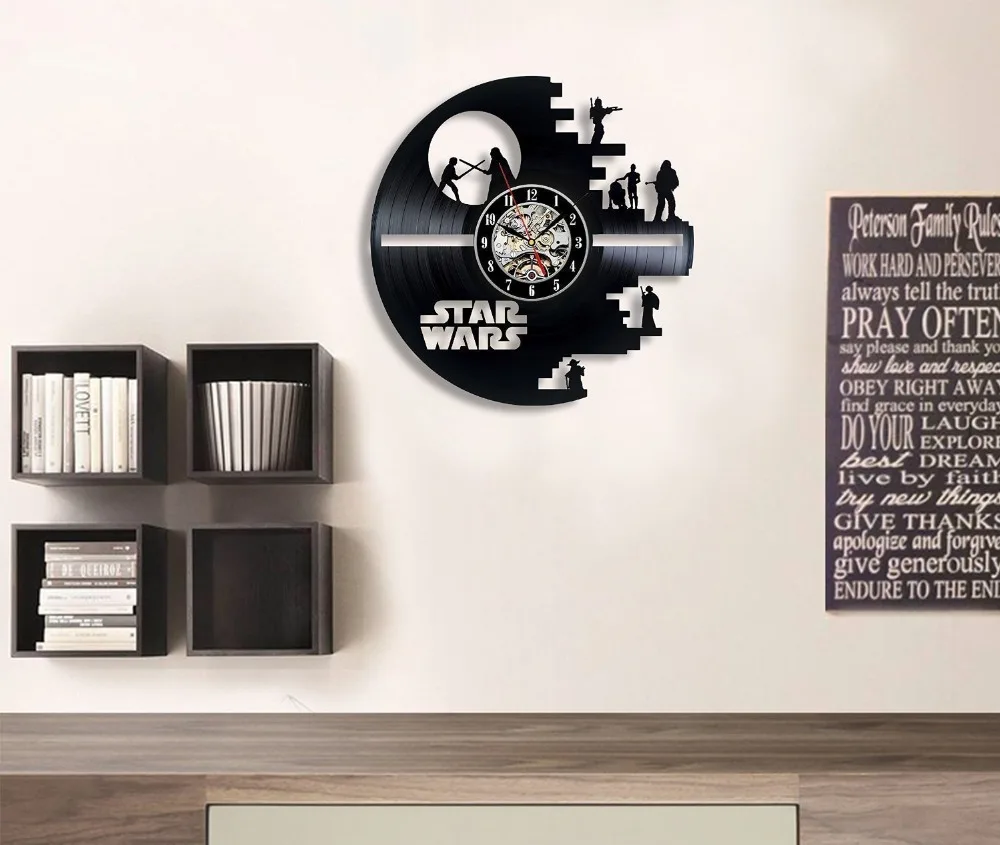 Кварцевые CD Черные виниловые часы Современный дизайн Звездные войны винтажные настенные часы Horloge Murale на Стене кухонные часы домашний декор