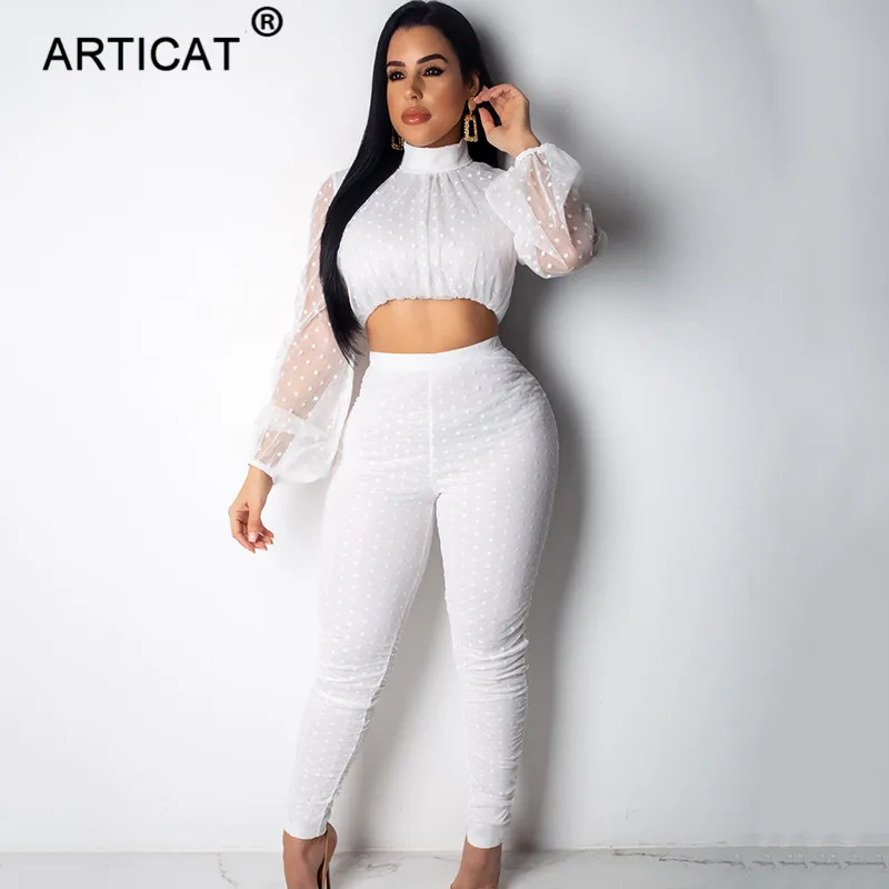 

Articat Polka Dot Print Sexy Jumpsuit Women Two Piece Set See Through Mesh Bodycon Rompers Women 2019 Casual Spring Long Pants
