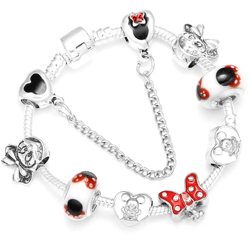 Boosbiy Dropshipping Cute Mickey Minnie Charm Bracelet For Women Kids With Silver Snake Chain Brand Bracelet Christmas Jewelry