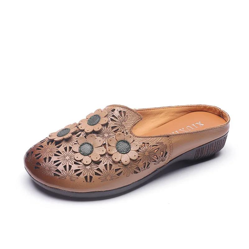 

Women Slippers Flat Shoes Genuine Leather Flip Flops Summer Hollow Shoes Retro Flower Sandles Woman Closed Toe Sandals Luxury