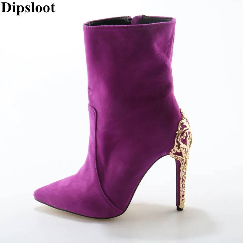 

Dipsloot 2018 Woman Fashion Patchwork Suede Leather Ankle Boots Female Sexy Back Metal Decorated High Heels Dress Party Shoes
