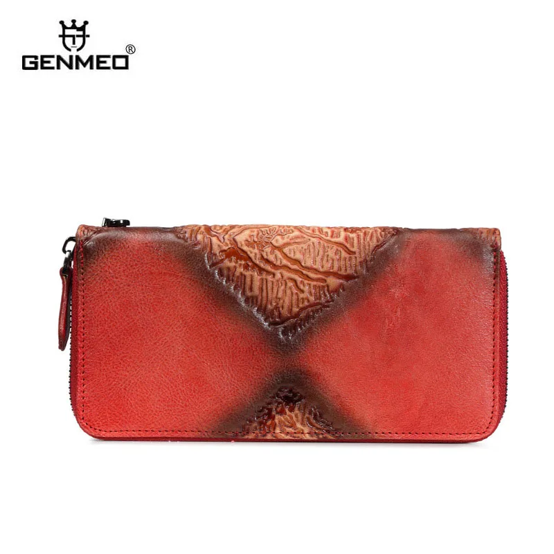 

GENMEO Brand New Arrival Genuine Leather Zipper Wallet Women Coin Purse w 3D Pattern and Cow Leather Hand Strap Bolsa Feminina