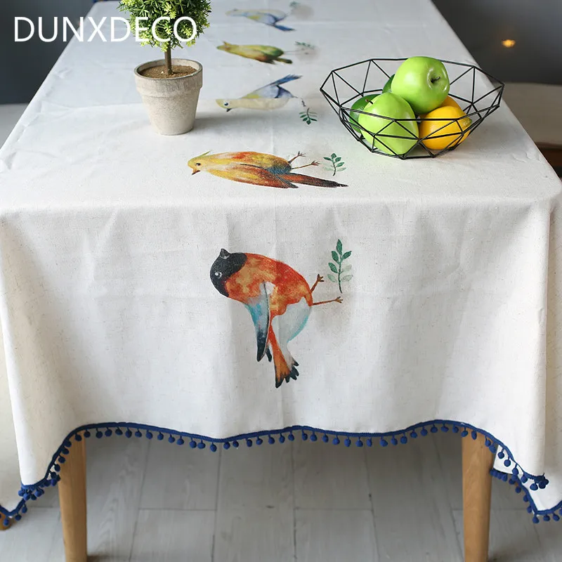 

DUNXDECO Tablecloth Garden Party Table Cover Fabric Nordic Flora Birds Print Linen Cotton Mesa Coffee Store Room Decoration