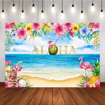 

Hawaii Party Tiki Backdrop Luau Summer Theme Flamingo Photography Background Tropical Beach CoconuALOHA Birthday Party Backdrops
