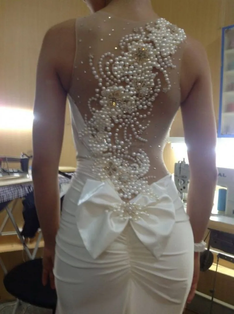 

Elegant Scoop Neckline Mermaid Prom Dresses vestido de festa longo Party Dresses With Pearls Special Occasion Dresses 2015