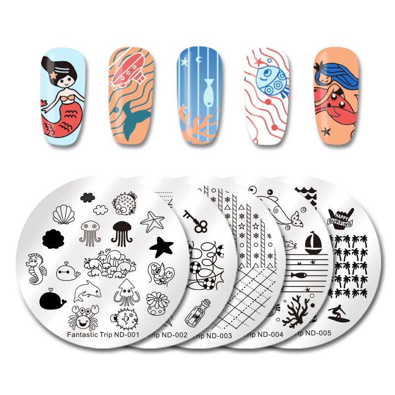 

NICOLE DIARY Vacation Ocean Series 5 pcs Nail Stamp Plates Set Mermaid Round Printing Template Kit Manicure Art Stamping Stencil