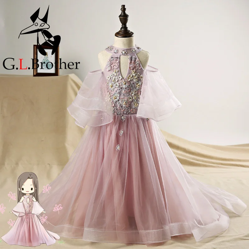 

Halter Flower Girl Dresses For Wedding Flare Sleeve Small Trailing Holy Communion Dress Lace Up Backless Princess Prom Dress