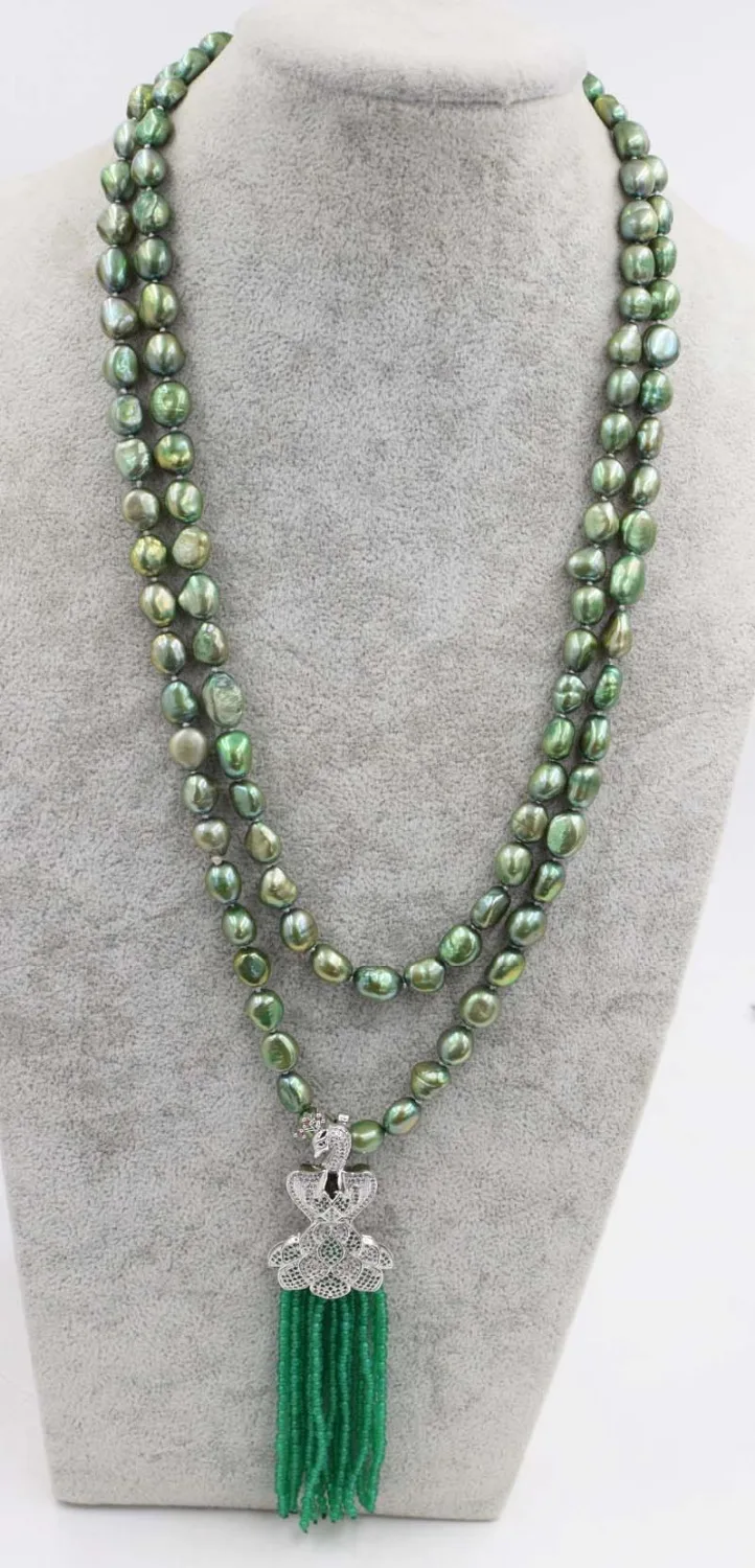 

freshwater pearl green agates & stone beads peafowl clasp necklace 45" FPPJ