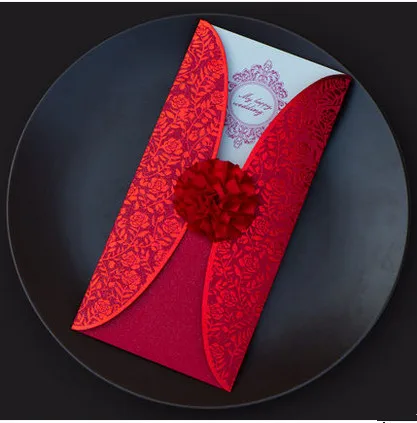 

free shipping Red Elegant Flower Wedding Invitations 3D Laser-cut Invitation Card with Envelope seal 50pcs/lot