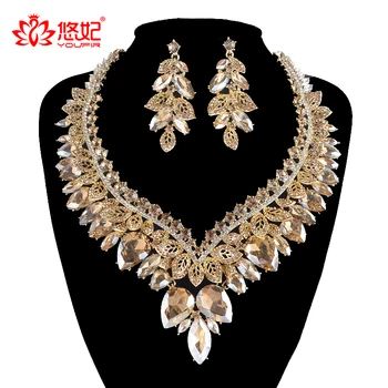 

High quality dubai style champagne color Jewelry sets bridal necklace earrings set women wedding party rhinestone jewelry