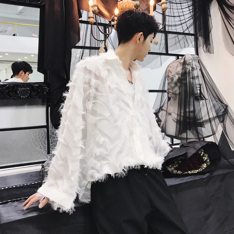 Осень корейский стиль перо смокинг рубашки мужские свободные с длинным рукавом сценическая одежда Винтаж Готический Дизайнер рубашка уличная