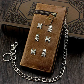 

Mens Biker Trucker Skull Studded Long Leather walle Purse with Chain