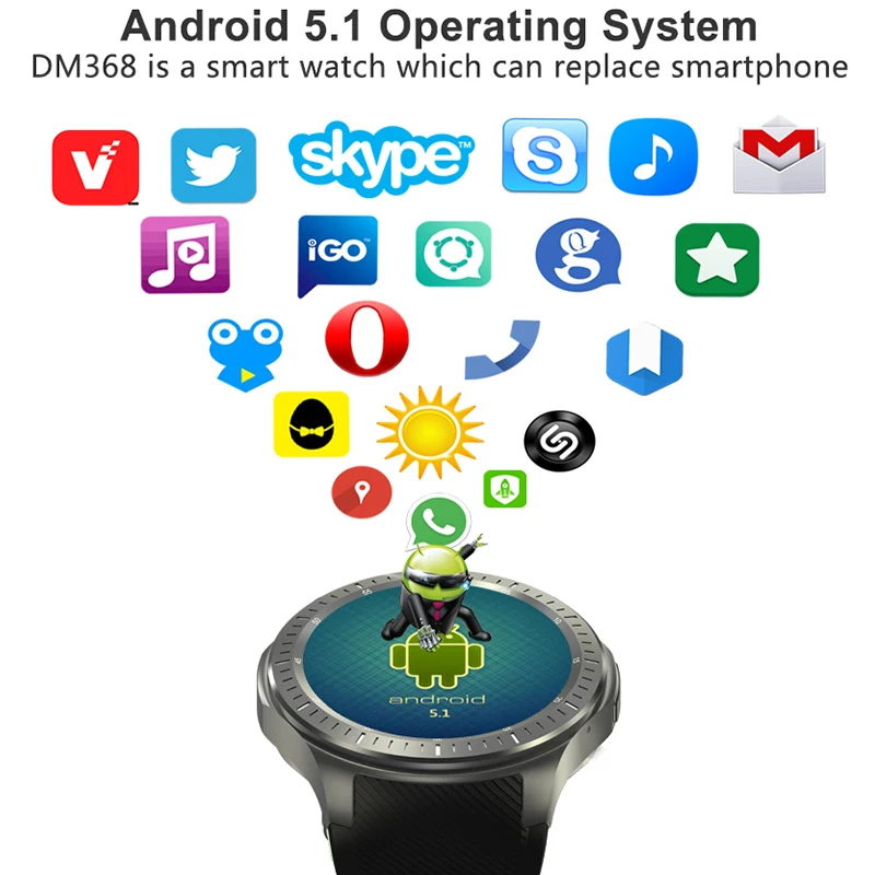 Умные часы 3g DM368 Android 5,1 gps Wifi Поддержка SIM 1,3" дисплей четырехъядерный Bluetooth 4,0 монитор сердечного ритма SmartWatch для мужчин