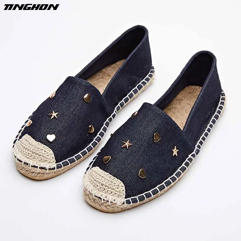 

TINGHON Fashion Ethnic Casual Espadrilles Flat New Women Metal Star Moon Slip on Fishermen Shoes